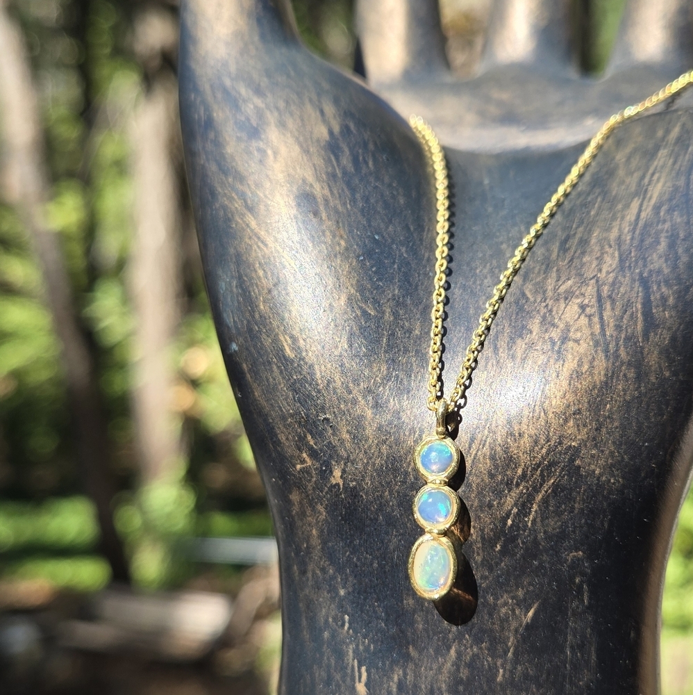 Opal Natural Gemstone Trio Sterling & Gold Necklace Sz24" 5k - Picture 4 of 9